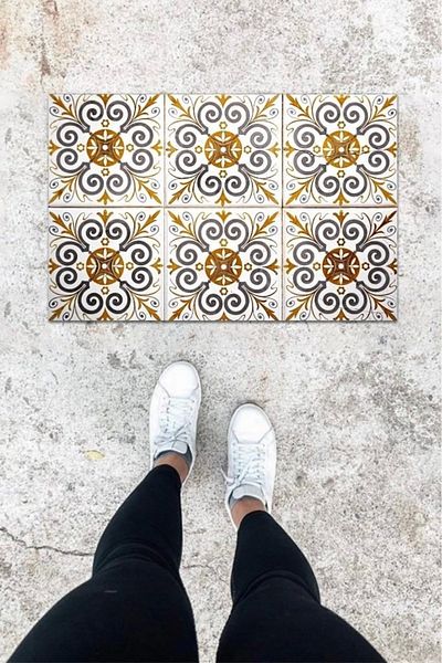 Mu Art Ahşap Bfs Digital Printing Brown Tile Pattern Door Mat K-1068