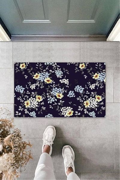 Mu Art Ahşap Bfs Navy Blue Door Mat Small Flowers Pattern K-3249