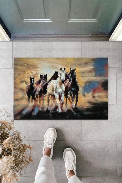 Mu Art Ahşap Bfs Digital Printing Brown Running Horses Doormat K-2112