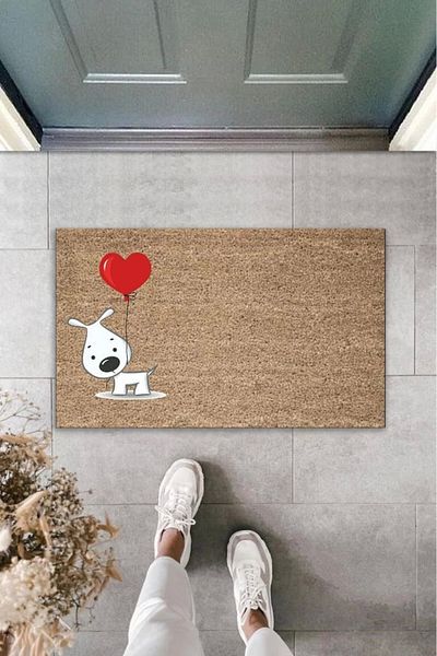 Mu Art Ahşap Bfs Digital Printing White Dog with Brown Red Balloon Decorative Door Mat K-2014
