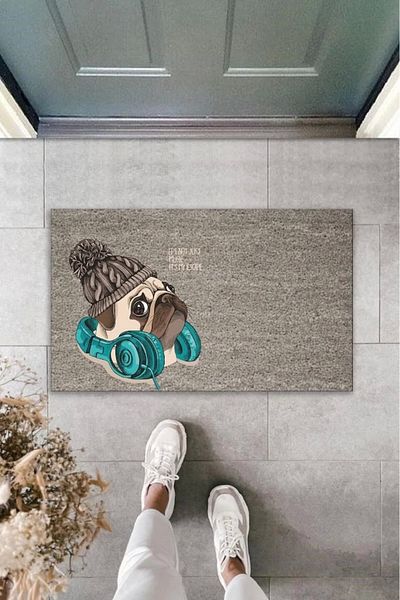 Mu Art Ahşap Bfs Digital Printing Gray Beret Dog with Headphones Decorative Door Mat K-2022