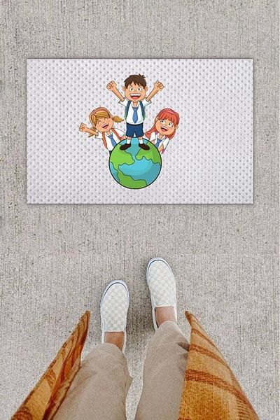 Mu Art Ahşap Bfs Digital Printing Decorative Happy Kids White Door Mat K-1285