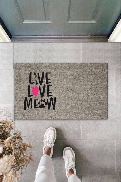 Mu Art Ahşap Bfs Digital Printing Gray Pink Hearted Fishbone Love Meow Decorative Door Mat K-2047