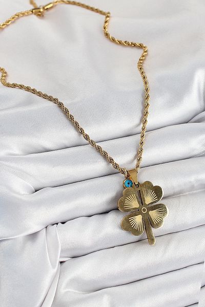 NETWORK ART Bfs 316L Steel Auger Chain Evil Eye Detailed Clover Model Gold Color Women's Necklace