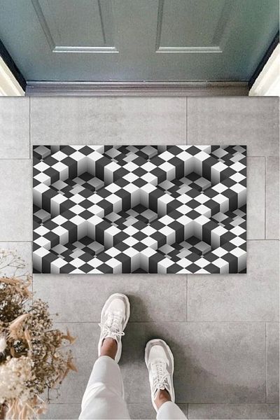 Mu Art Ahşap Bfs Digital D Square Black-White Door Mat Outdoor Mat K-3161