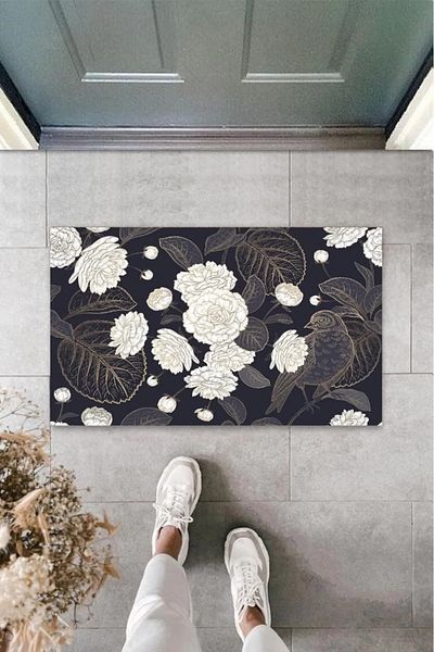 Mu Art Ahşap Bfs Decorative Digital Flowers between Single Bird Black Door Mat Outdoor Doormat K-3109