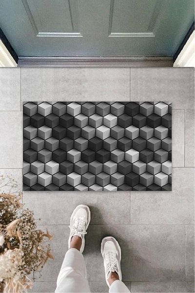Mu Art Ahşap Bfs Digital Printing Anthracite Cube Door Mat K-3132