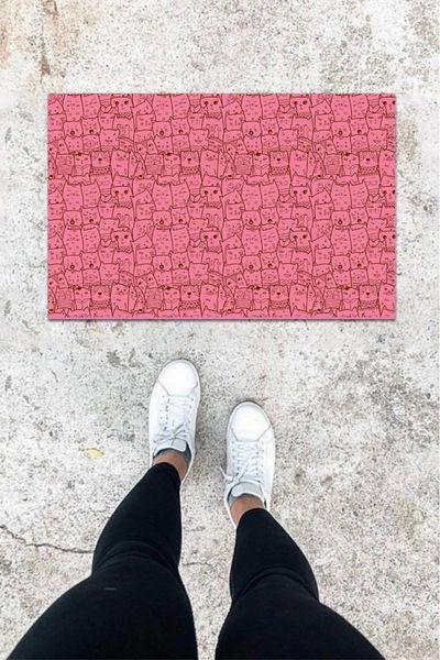 Mu Art Ahşap Bfs Digital Printing Pink Cat Pattern Door Mat K-1025