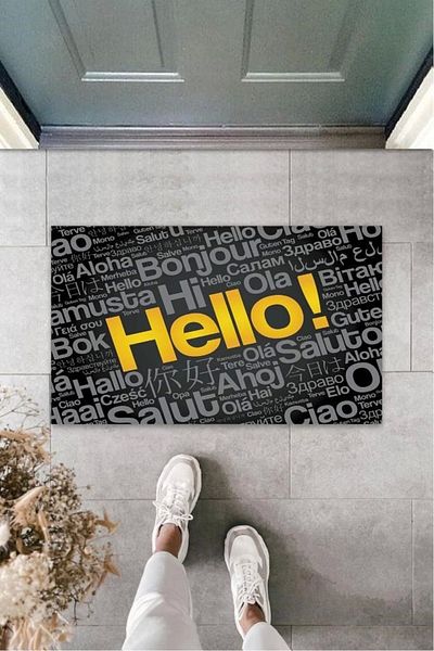 Mu Art Ahşap Bfs Black Door Mat Hello Pattern K-3265