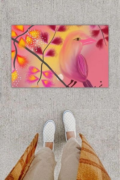Mu Art Ahşap Bfs Digital Printing Decorative Bird Fuchsia Door Mat K-1220