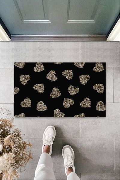 Mu Art Ahşap Bfs Black Door Mat Leopard Heart Pattern K-3246