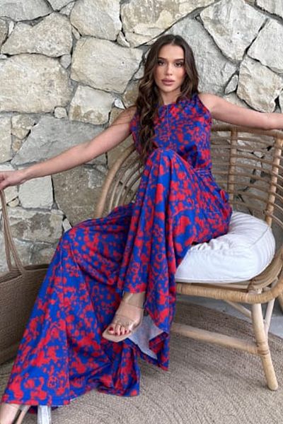 ESSFASIHON Patterned Wide Leg Thick Strap Jumpsuit with Double Side Pockets