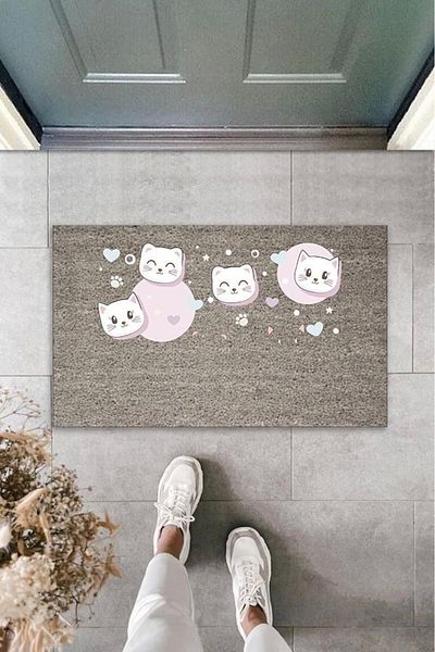 Mu Art Ahşap Bfs Digital Printing Gray Hearted Pink Sleepy Cats Decorative Door Mat K-2068