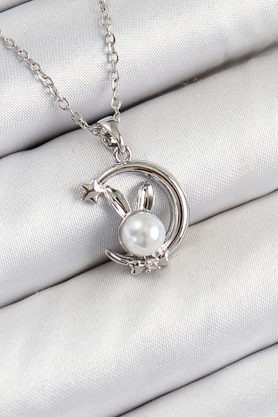 NETWORK ART Bfs 316L Steel Pearl Detailed Crescent Rabbit Model Silver Color Women's Necklace