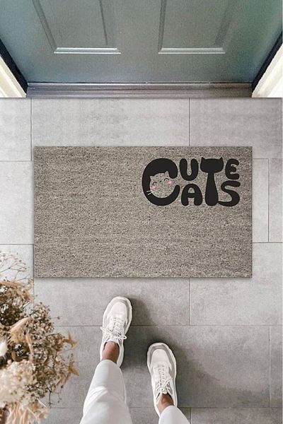 Mu Art Ahşap Bfs Digital Printing Gray Cat Cute Cats Decorative Door Mat K-2063
