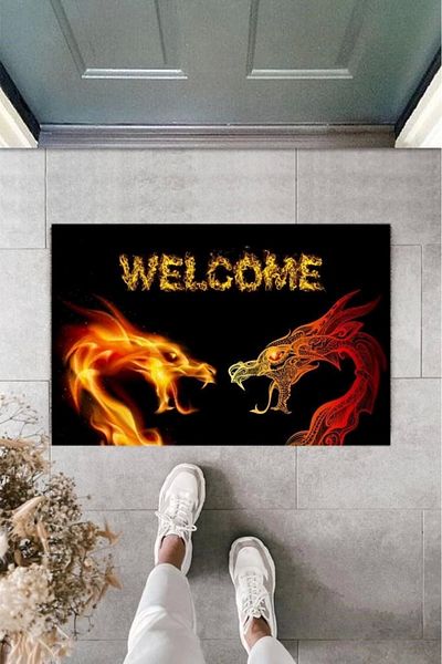 Mu Art Ahşap Bfs Digital Printing Black Welcome Dragon Doormat K-2110