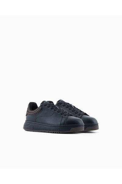 Emporio Armani Men's Laced Medium Thick Sole Leather Black Sneaker Em003663 Af18212-Mc069