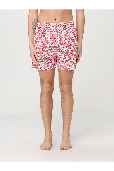 Emporio Armani Men's Elastic Tie-Up Waist Short Length Brand Lettering Pattern Red White Swimwear Em000583 Af12343-F5006