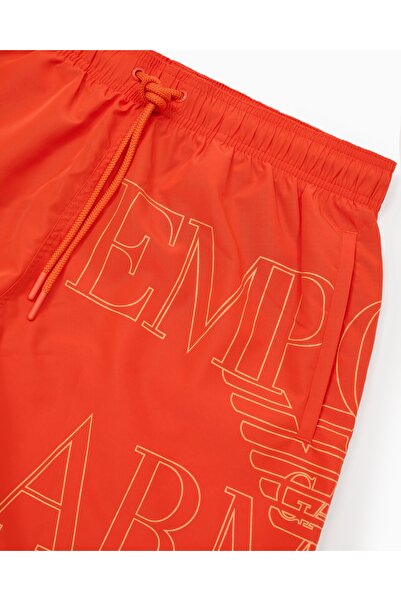 Emporio Armani Men's Elastic Tie Waist Short Length Brand Lettering Pattern Red Swimwear Em000583 Af12326-U5026