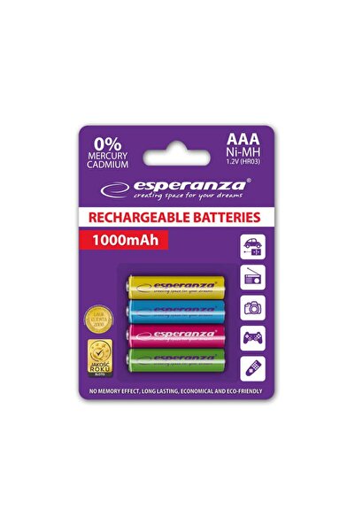 ESPERANZA Set 4 acumulatori AAA R3 92343, 1000mAh, Ni-MH, 1.2V, reincarcabili, multicolor