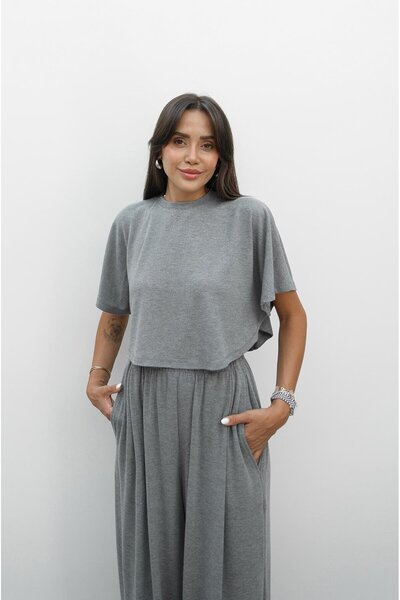 Havoş Gray Bat Sleeve Crop Blouse