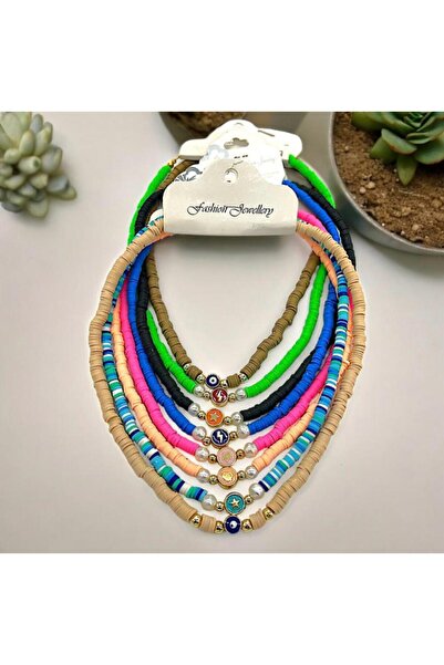 KANERUZ Evil Eye Beaded Burgundy Color Fimo Necklace