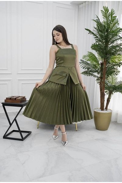 Nice Model Elegant Olive Green Taffeta Midi Dress Sleeveless Pleated Formal Evening Cocktail Party Wear