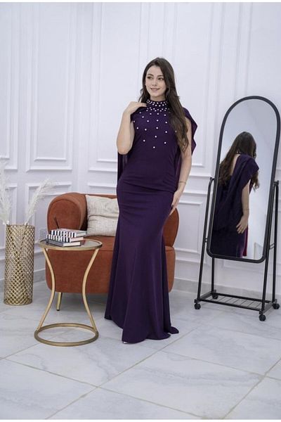 Nice Model Mauve Embroidered Crepe Evening Dress Long Sleeve Beaded Formal Gown Women Plus Size Party Wear