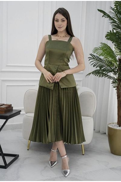 Nice Model Elegant Olive Green Taffeta Midi Dress Sleeveless Pleated Formal Evening Cocktail Party Wear