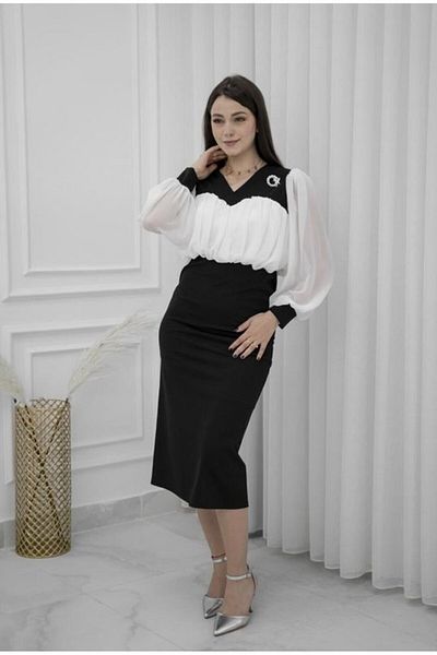 Nice Model Elegant Midi Crepe Dress Two-Tone Black White Sheer Sleeves Party Wedding Guest Formal Outfit