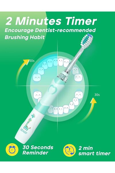 seago Kids Sonic Electric Toothbrush SG-977 with Smart Timer & 8 Replacement Heads (Green)