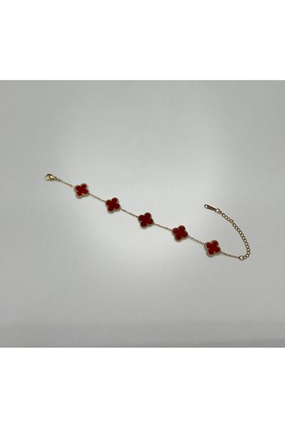 MSE SHOP Clover Model Gold Color Burgundy Stone Steel Bracelet 17+5cm Extendable
