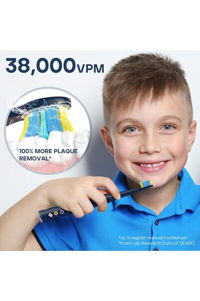 seago Kids Rechargeable Sonic Electric Toothbrush with 8 Brush Heads, DIY Stickers, 5 Modes (Navy)