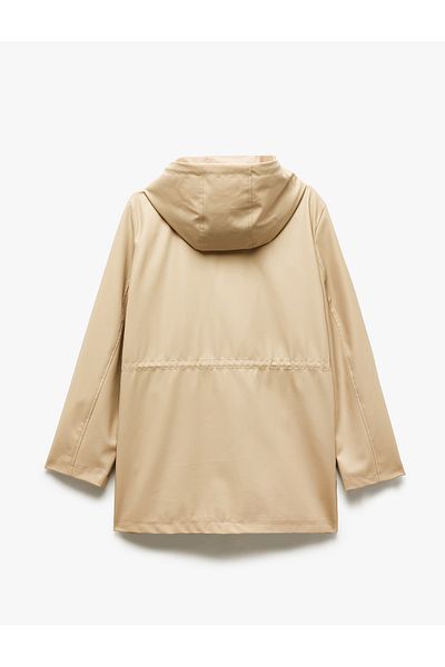 Koton New Season Lace-Up Detailed Zippered Pocket Hooded Faux Leather Raincoat