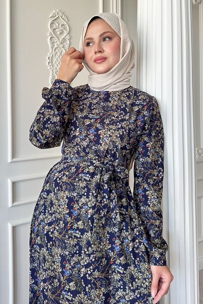 InStyle Φόρεμα Κίτρινης Ανθούσσας Σατέν Ναυτικού Blue