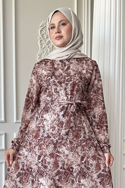 InStyle Sarmaşık Flora Desen Saten Kahverengi Elbise