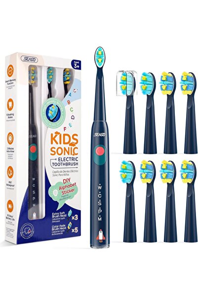 seago Kids Rechargeable Sonic Electric Toothbrush with 8 Brush Heads, DIY Stickers, 5 Modes (Navy)