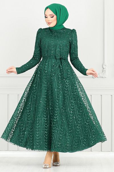 ModaMerve Βραδινό φόρεμα με ασημί ζωνάκι 5688END900-M Emerald