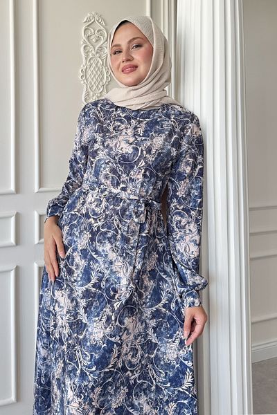 InStyle Φόρεμα Sarmaşık Flora Desen Σατέν Μπλε