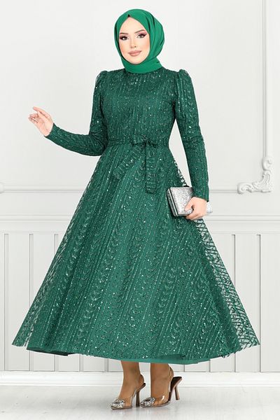 ModaMerve Βραδινό φόρεμα με ασημί ζωνάκι 5688END900-M Emerald