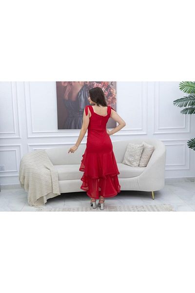 Nice Model Red Tiered Midi Dress Women Elegant Crepe Layered Evening Party Formal Wedding Guest Outfit