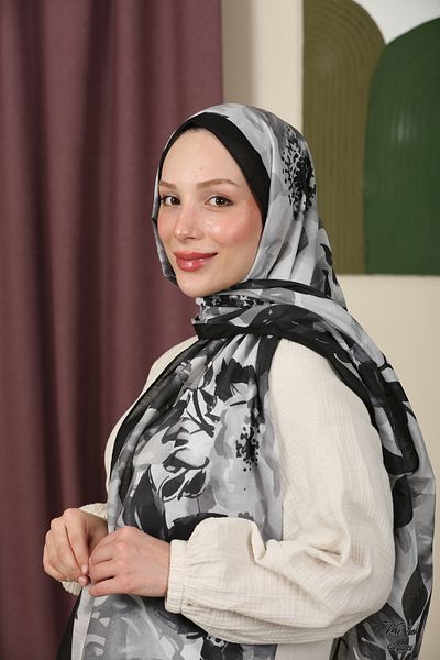 aldyoo Floral Patterned Cotton Viscose Trend Shawl Black