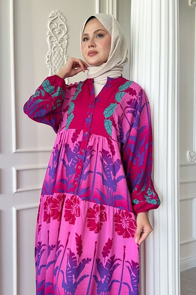 InStyle Casual Tropical Pattern Φόρεμα Βισκόζης Ροζ
