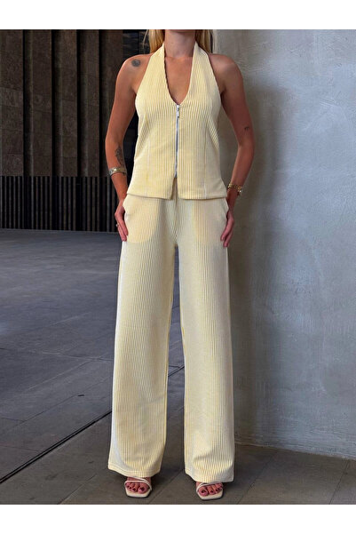 hazelin Women's Yellow Striped Front Zipper Blouse Pants Double Suit Hzl25S-Zk13691