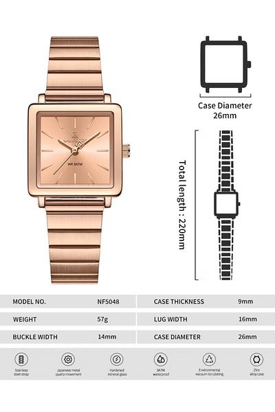 Naviforce Rose Gold Stainless Steel Square Dial Quartz Watch with Water Resistance