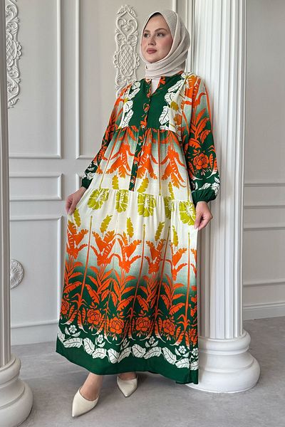 InStyle Casual Tropical Pattern Φόρεμα Βισκόζης Σκούρο Πράσινο