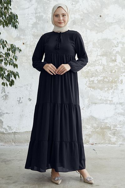 InStyle Φόρεμα Yoryo Dark Navy Blue Chiffon με κορδόνια στο γιακά