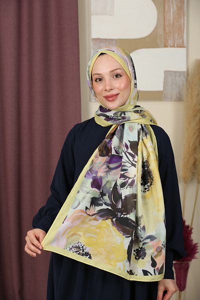 aldyoo Floral Patterned Cotton Viscose Trend Shawl Lemon Yellow