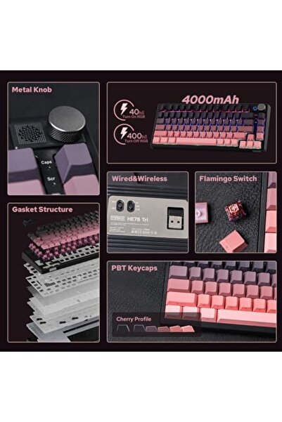 Epomaker لوحة مفاتيح ميكانيكية HE75 مع وحدة مقبض قابلة للتغيير، لوحة مفاتيح ألعاب لاسلكية بسعة 4000 مللي أمبير في الساعة