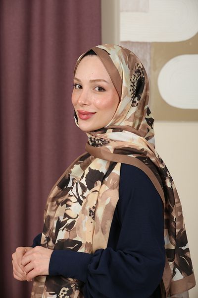 aldyoo Floral Patterned Cotton Viscose Trend Shawl Milk Coffee